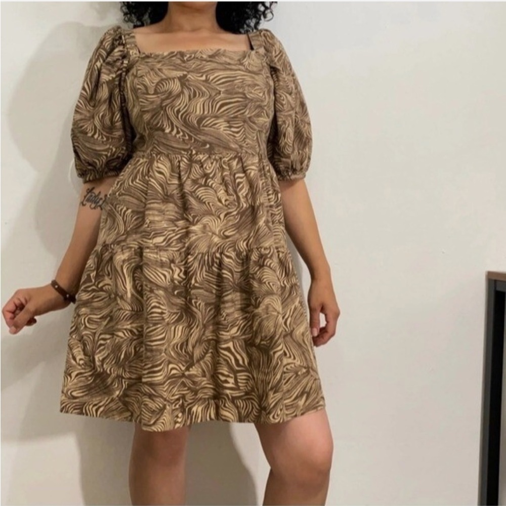 House of Harlow 1960 Brown Abstract Linen Puff Sleeve Mini Dress Size S NWT